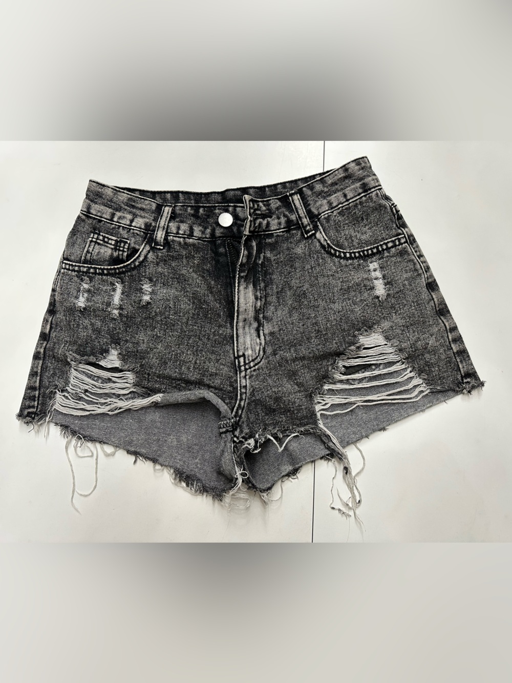 SHEIN Black Washed Distressed High-Rise Denim Shorts